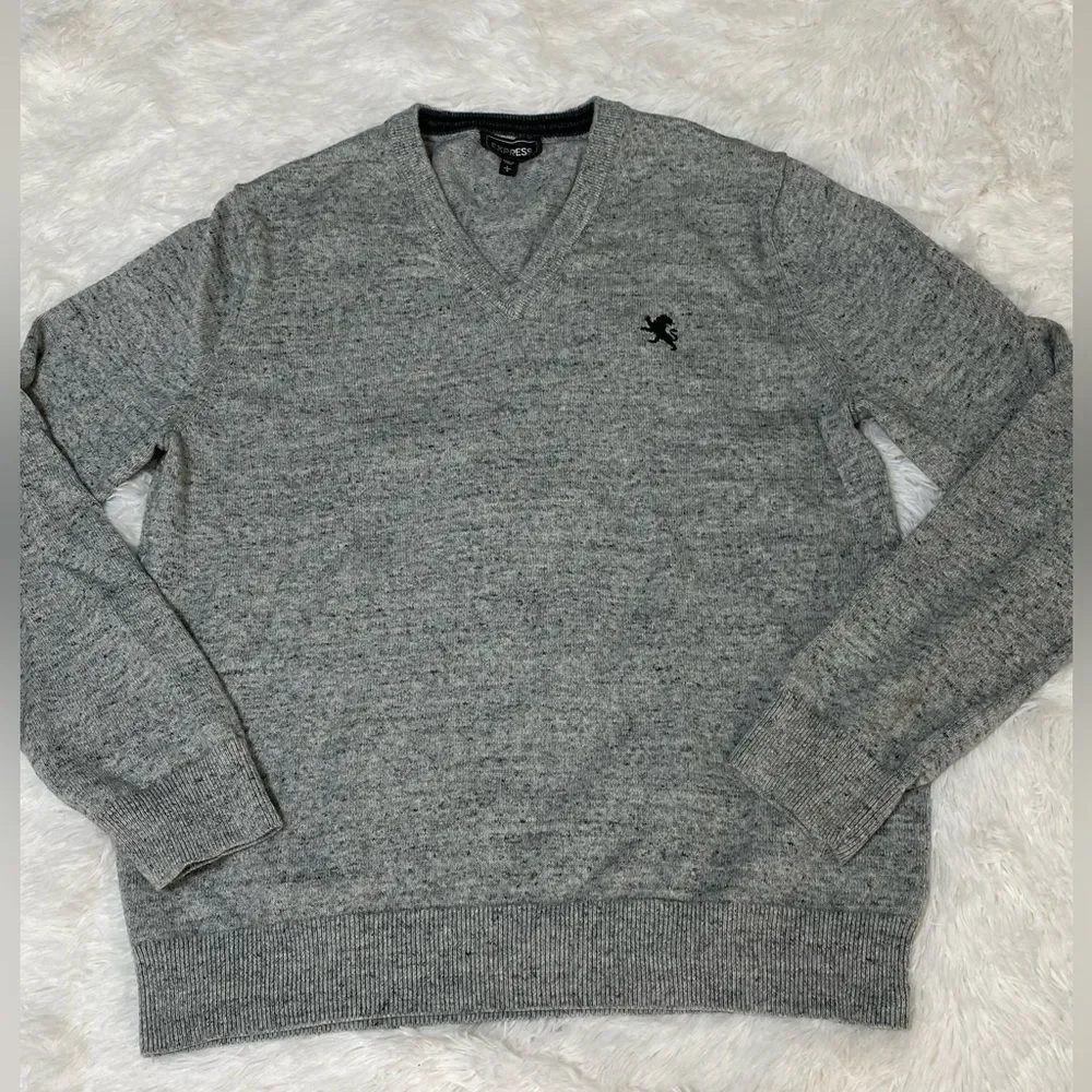 Express V-Neck Sweater Pullover Embroidered Logo Gray Cotton men’s  Size L